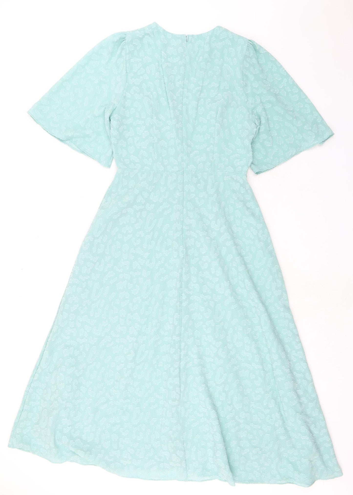 Marks and Spencer Womens Green Animal Print Polyester A-Line Size 10 Round Neck Zip - Ruched Detail