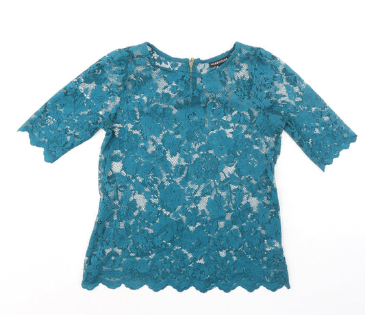 Warehouse Womens Green Polyester Basic Blouse Size 6 Boat Neck