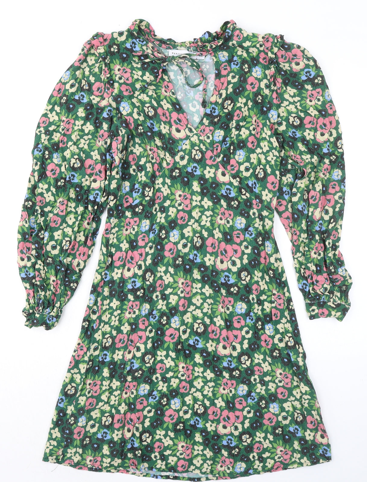 Warehouse Womens Green Floral Viscose A-Line Size 10 V-Neck Lace Up