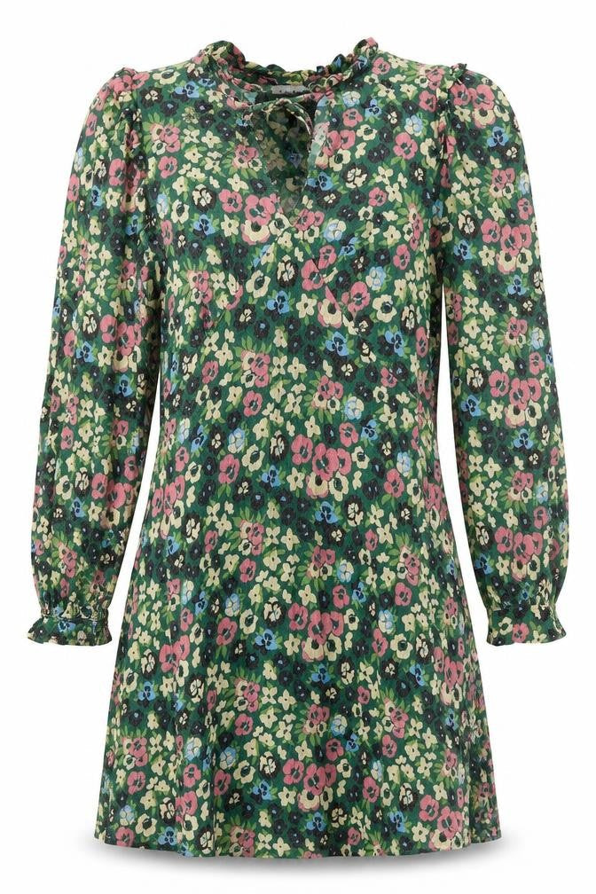 Warehouse Womens Green Floral Viscose A-Line Size 10 V-Neck Lace Up