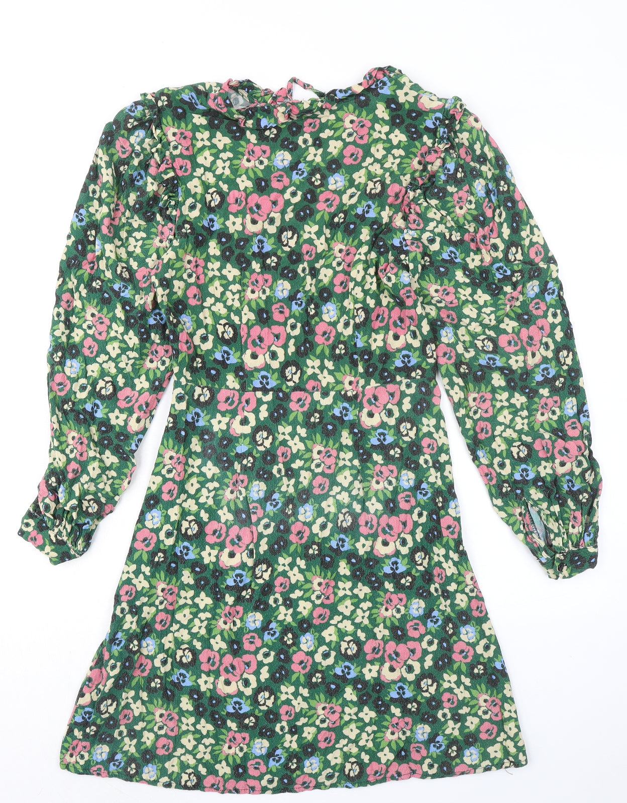 Warehouse Womens Green Floral Viscose A-Line Size 10 V-Neck Lace Up