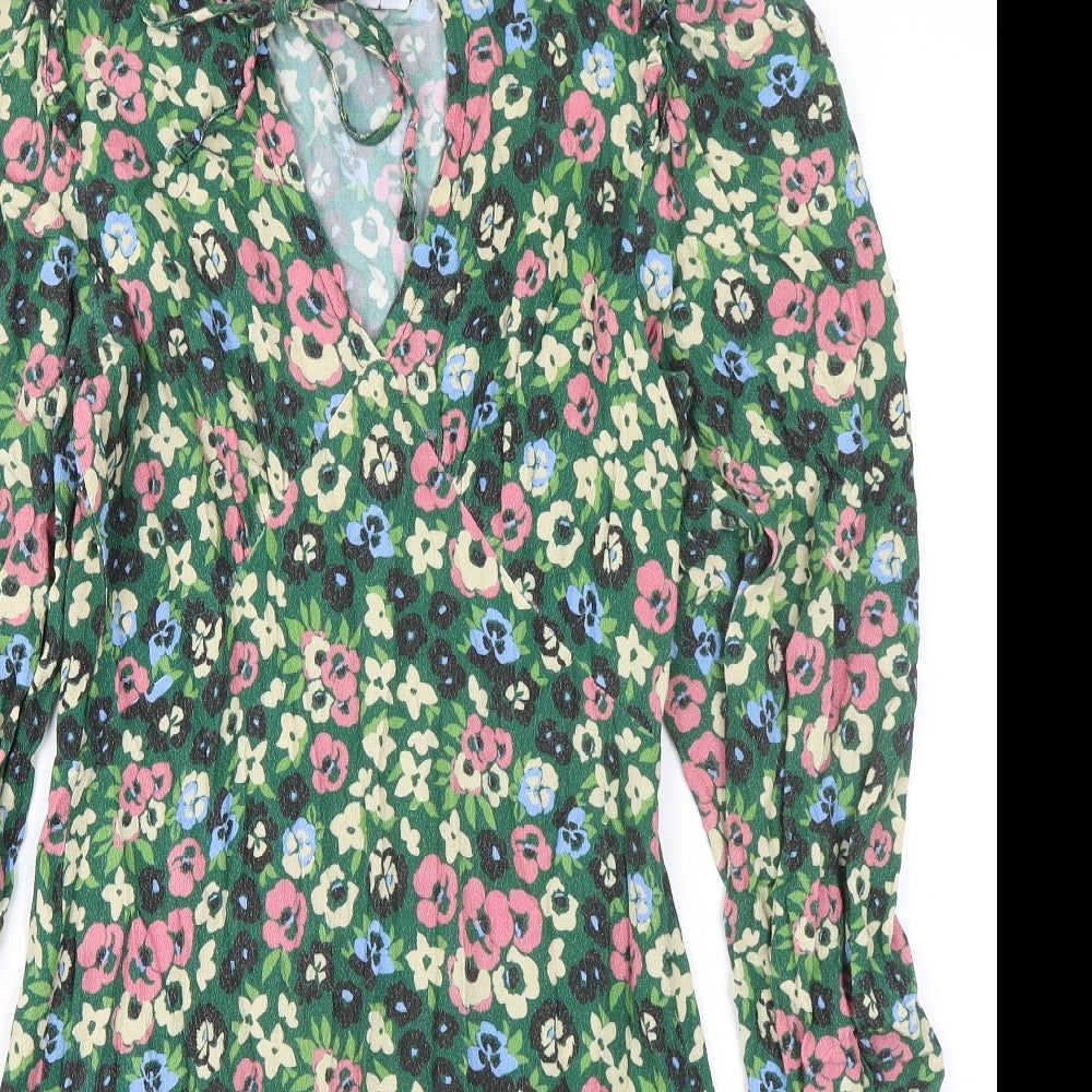 Warehouse Womens Green Floral Viscose A-Line Size 10 V-Neck Lace Up