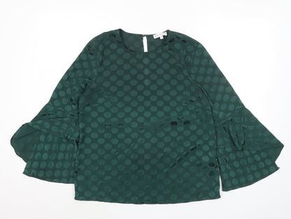 Warehouse Womens Green Polka Dot Polyester Basic Blouse Size 10 Round Neck - Flute Sleeve