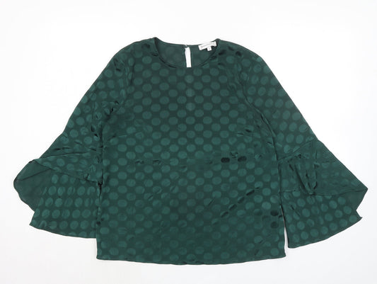 Warehouse Womens Green Polka Dot Polyester Basic Blouse Size 10 Round Neck - Flute Sleeve