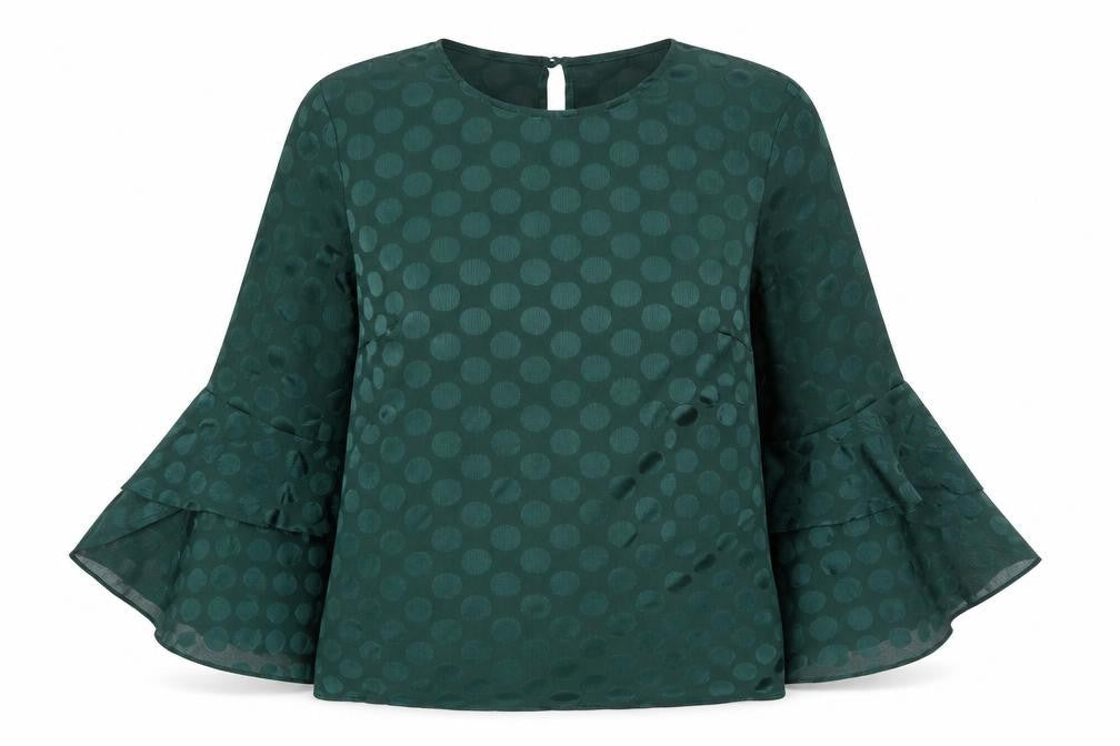 Warehouse Womens Green Polka Dot Polyester Basic Blouse Size 10 Round Neck - Flute Sleeve