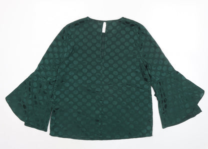 Warehouse Womens Green Polka Dot Polyester Basic Blouse Size 10 Round Neck - Flute Sleeve
