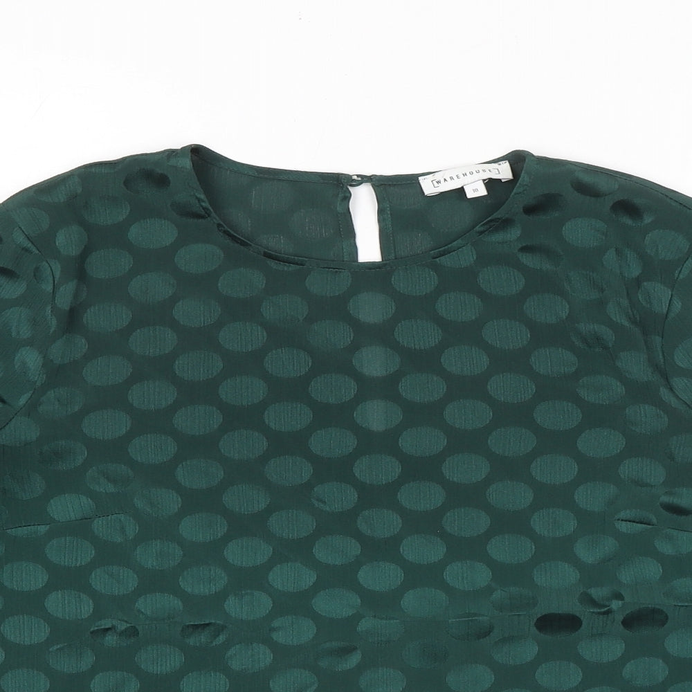 Warehouse Womens Green Polka Dot Polyester Basic Blouse Size 10 Round Neck - Flute Sleeve