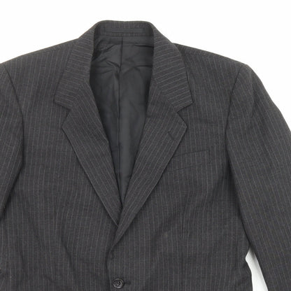 Close-up detail of C&A men’s black striped polyester jacket suit jacket, size 40, regular