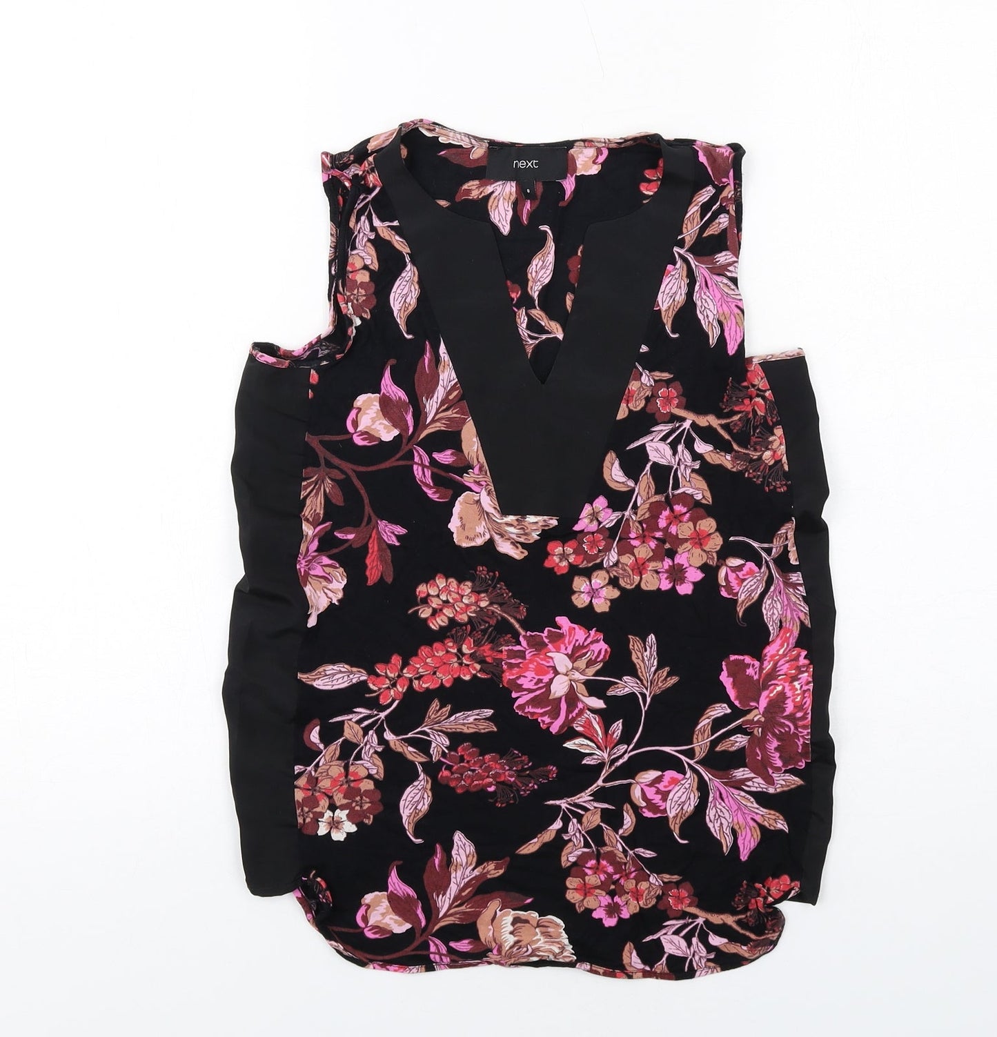 NEXT Womens Black Floral Viscose Basic Blouse Size 8 V-Neck
