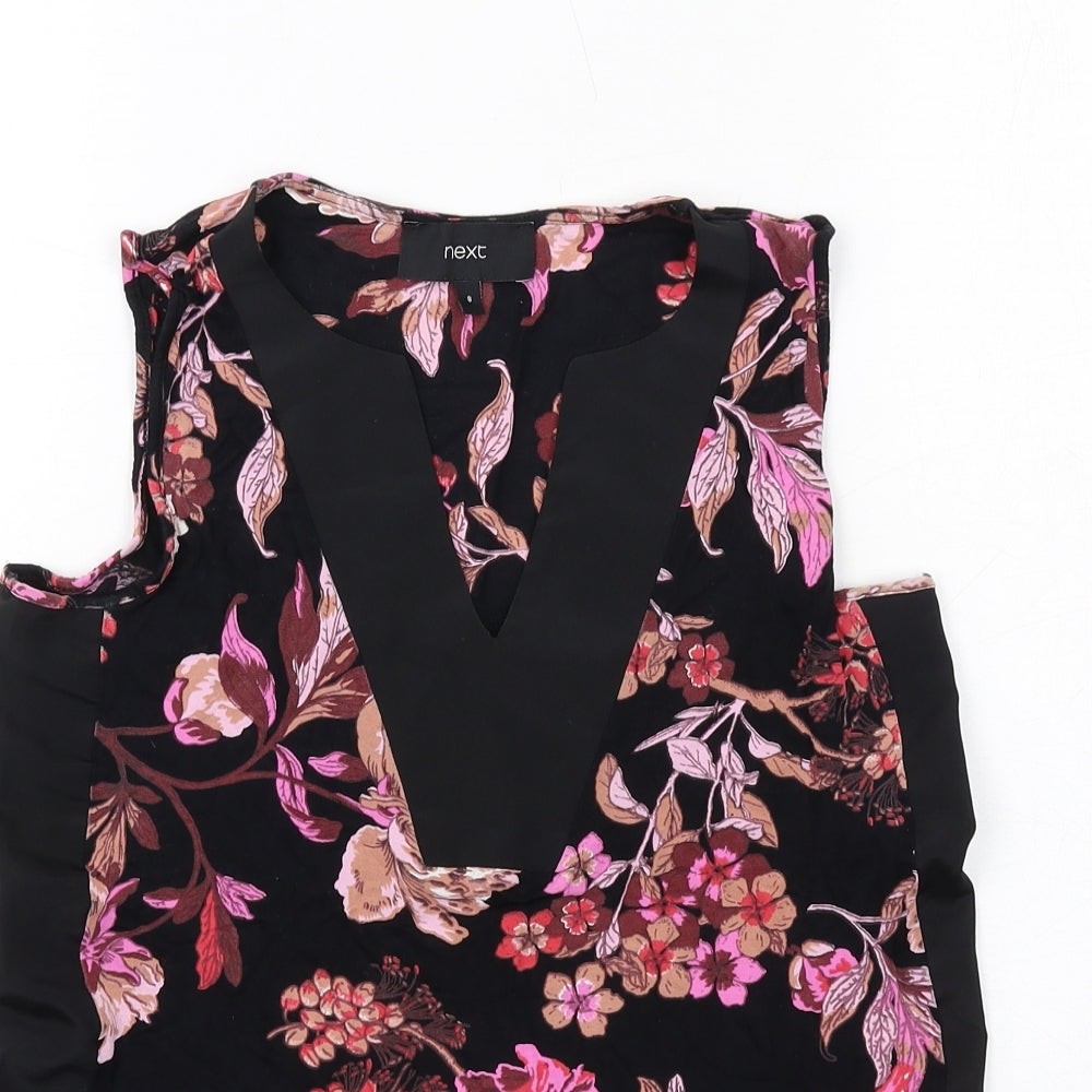 NEXT Womens Black Floral Viscose Basic Blouse Size 8 V-Neck