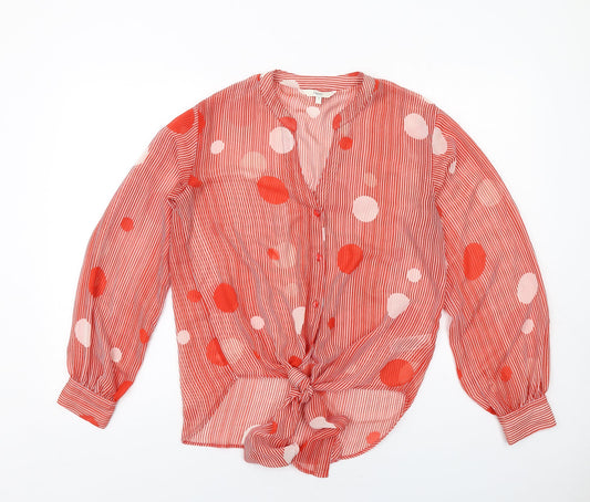 NEXT Womens Red Striped Polyester Basic Button-Up Size 12 V-Neck