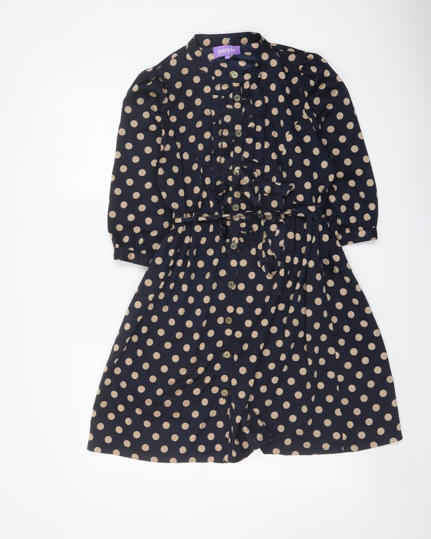 Purple Womens Blue Polka Dot Polyester Mini Size S Round Neck Button