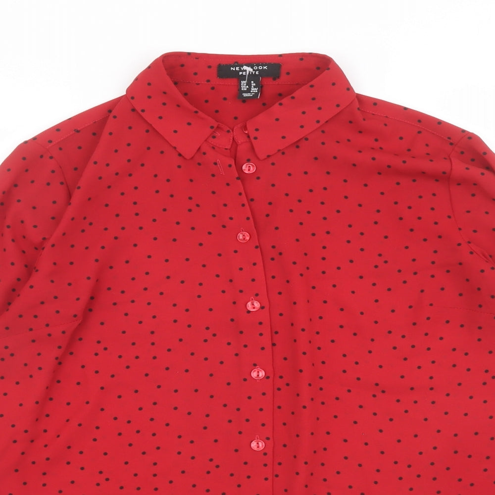 New Look Womens Red Polka Dot Polyester Basic Button-Up Size 8 Collared