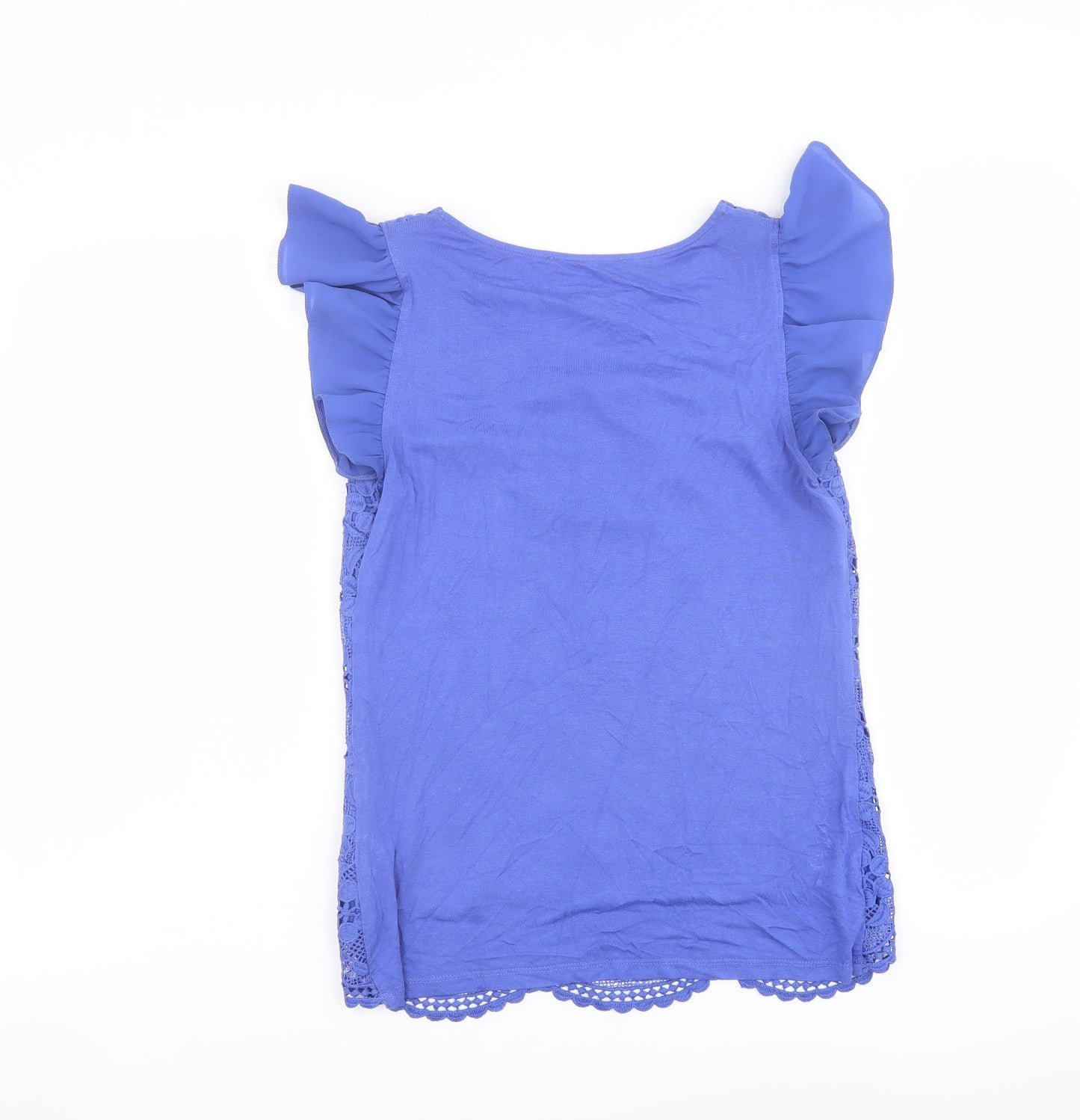 Oasis Womens Blue Polyester Basic Blouse Size XS Boat Neck - Ruffle Sleeve Lace Front