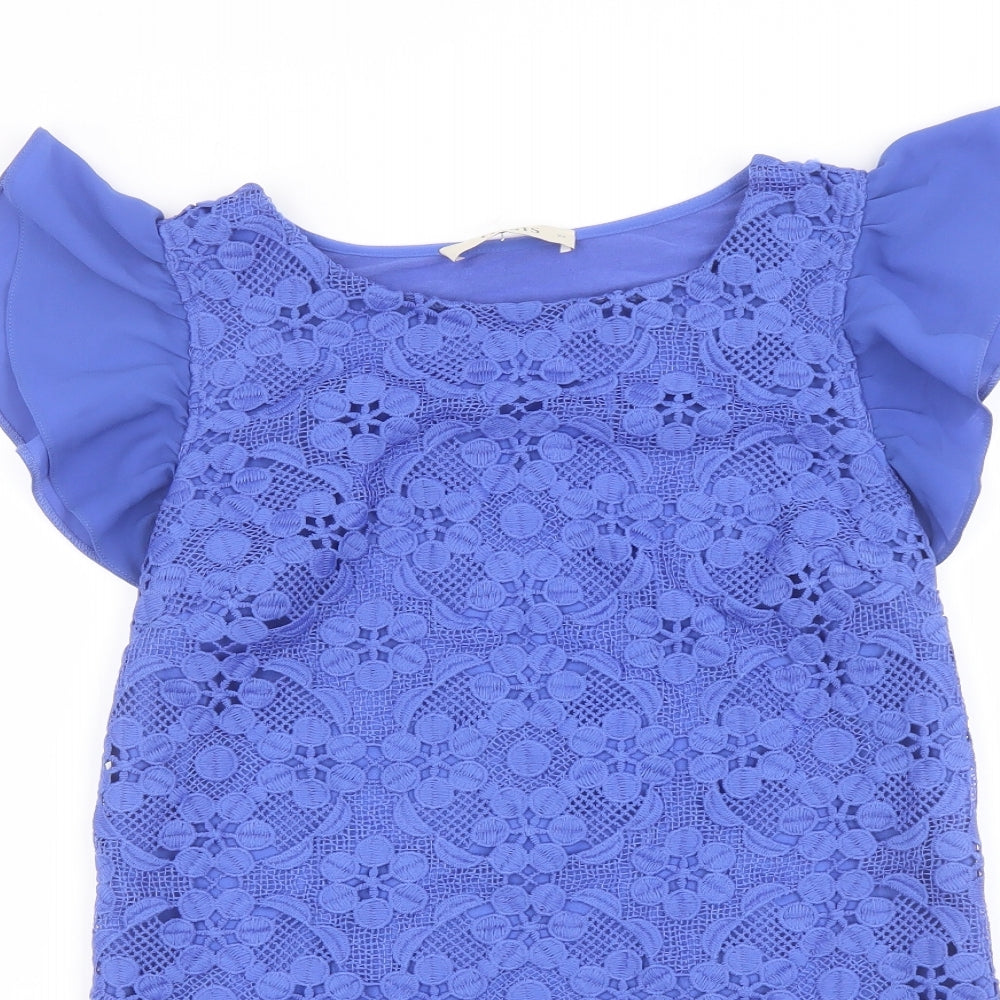 Oasis Womens Blue Polyester Basic Blouse Size XS Boat Neck - Ruffle Sleeve Lace Front