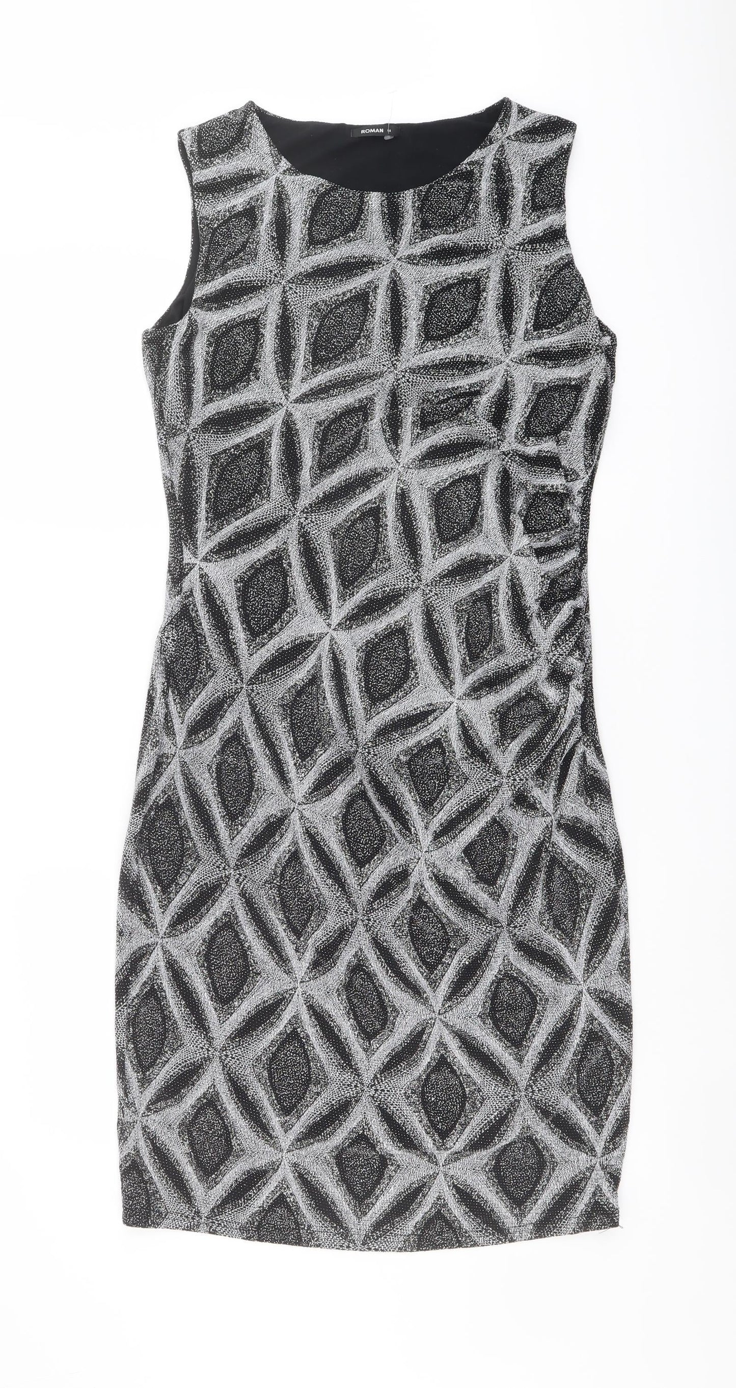 Roman Womens Black Geometric Nylon Shift Size 14 Boat Neck Pullover