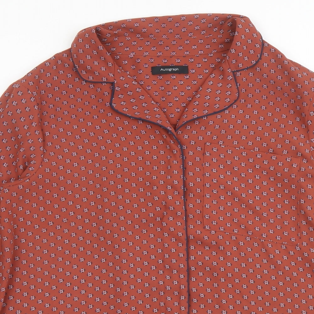 Marks and Spencer Womens Brown Geometric Polyester Basic Button-Up Size 14 Collared