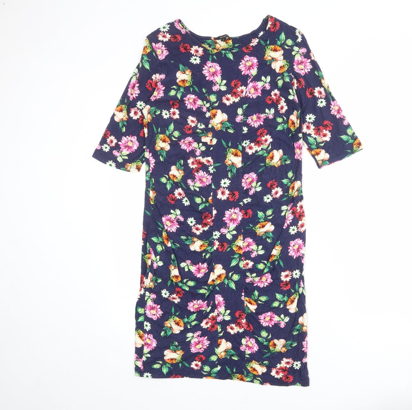 Therapy Womens Blue Floral Viscose Shift Size S Boat Neck Pullover