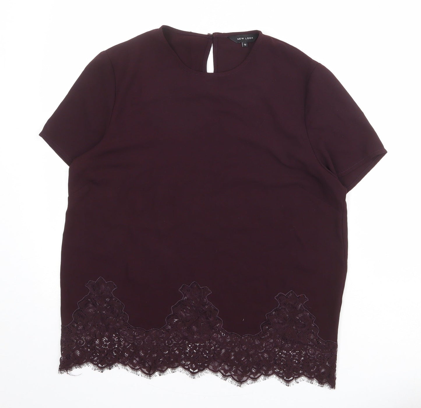 New Look Womens Red Polyester Basic Blouse Size 12 Crew Neck - Lace Trim