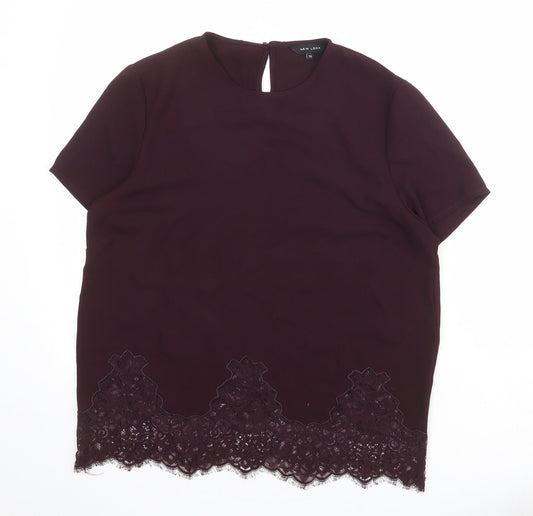 New Look Womens Red Polyester Basic Blouse Size 12 Crew Neck - Lace Trim