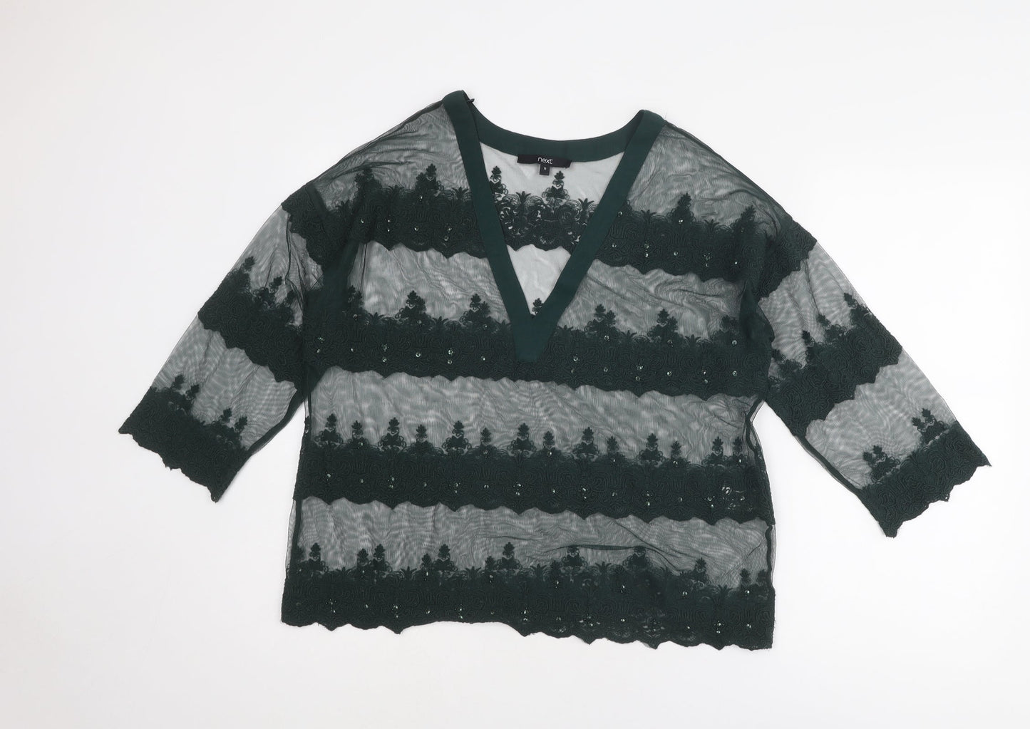 NEXT Womens Green Polyester Basic Blouse Size 12 V-Neck - Crocheted Lace Detail