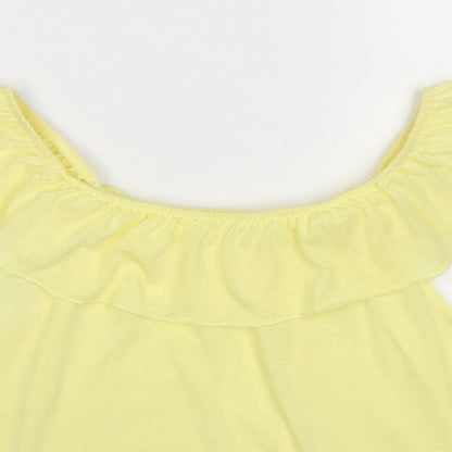 Close-up detail of H&M girls’ yellow cotton basic tank, size 11-12, years off the shoulder pullover