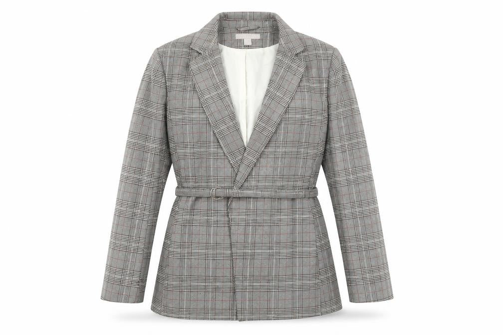 H&M Womens Grey Plaid Jacket Blazer Size 8 Tie