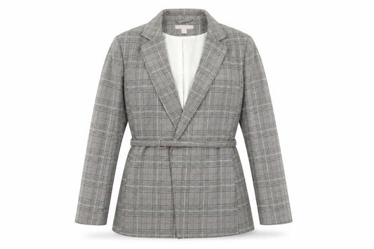 H&M Womens Grey Plaid Jacket Blazer Size 8 Tie