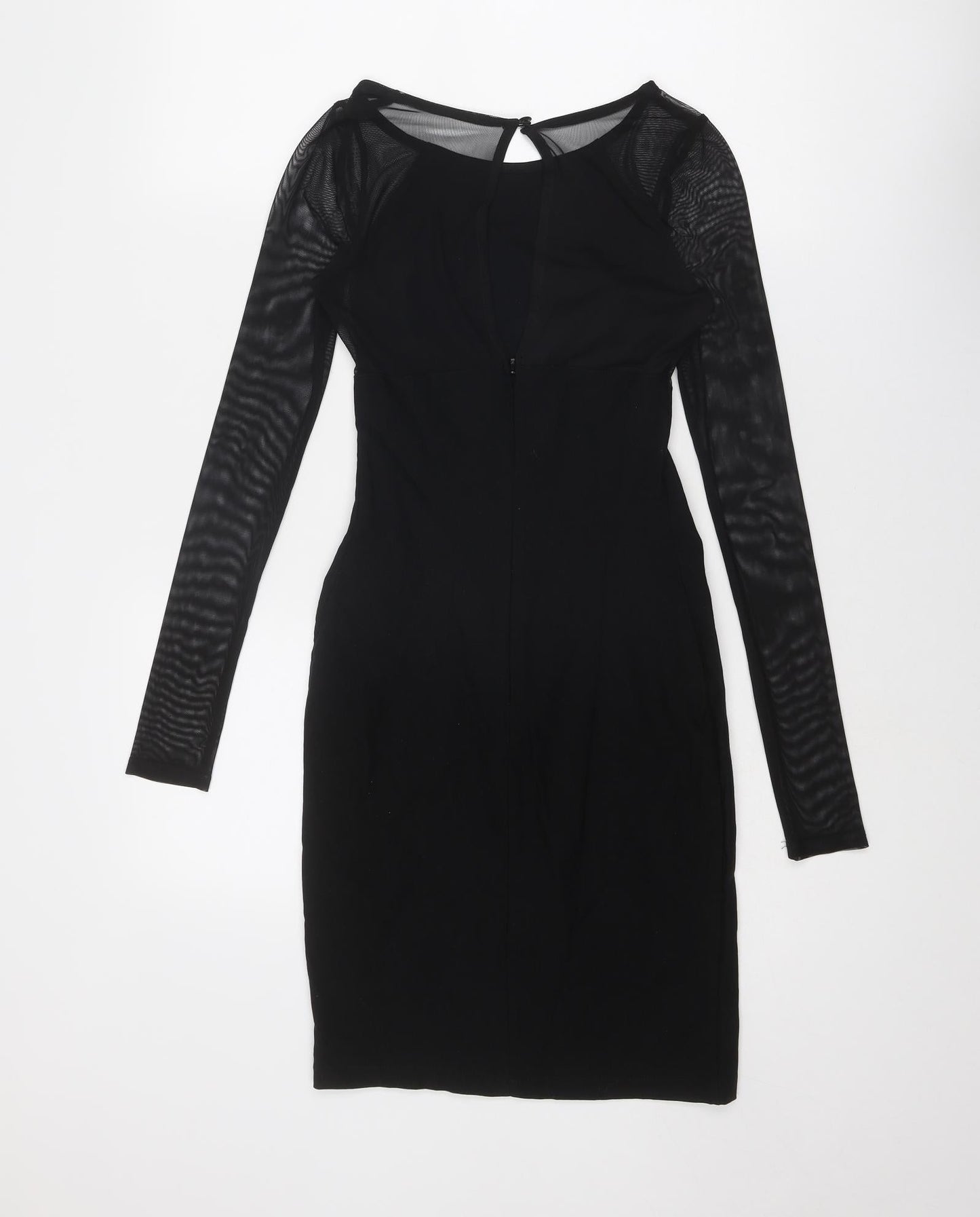 Miss Selfridge Womens Black Viscose Shift Size 8 Round Neck Zip - Sheer Sleeves