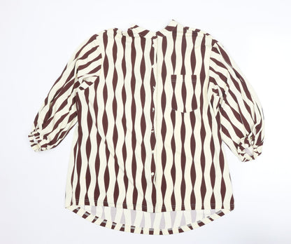 Next Womens Brown Geometric Polyester Basic Button-Up Size 12 Round Neck