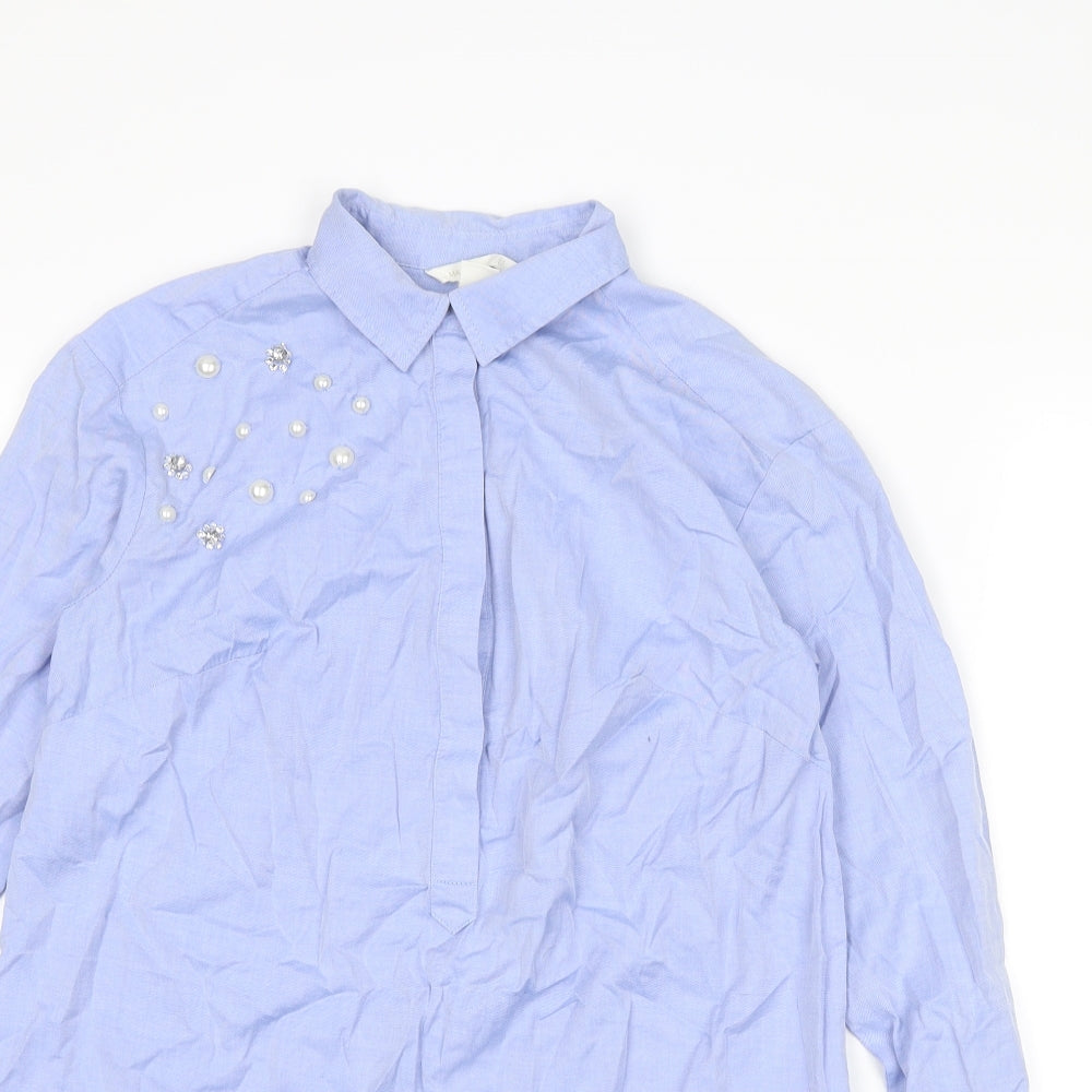 H&M Womens Blue Cotton Shirt Dress Size XS Collared Button