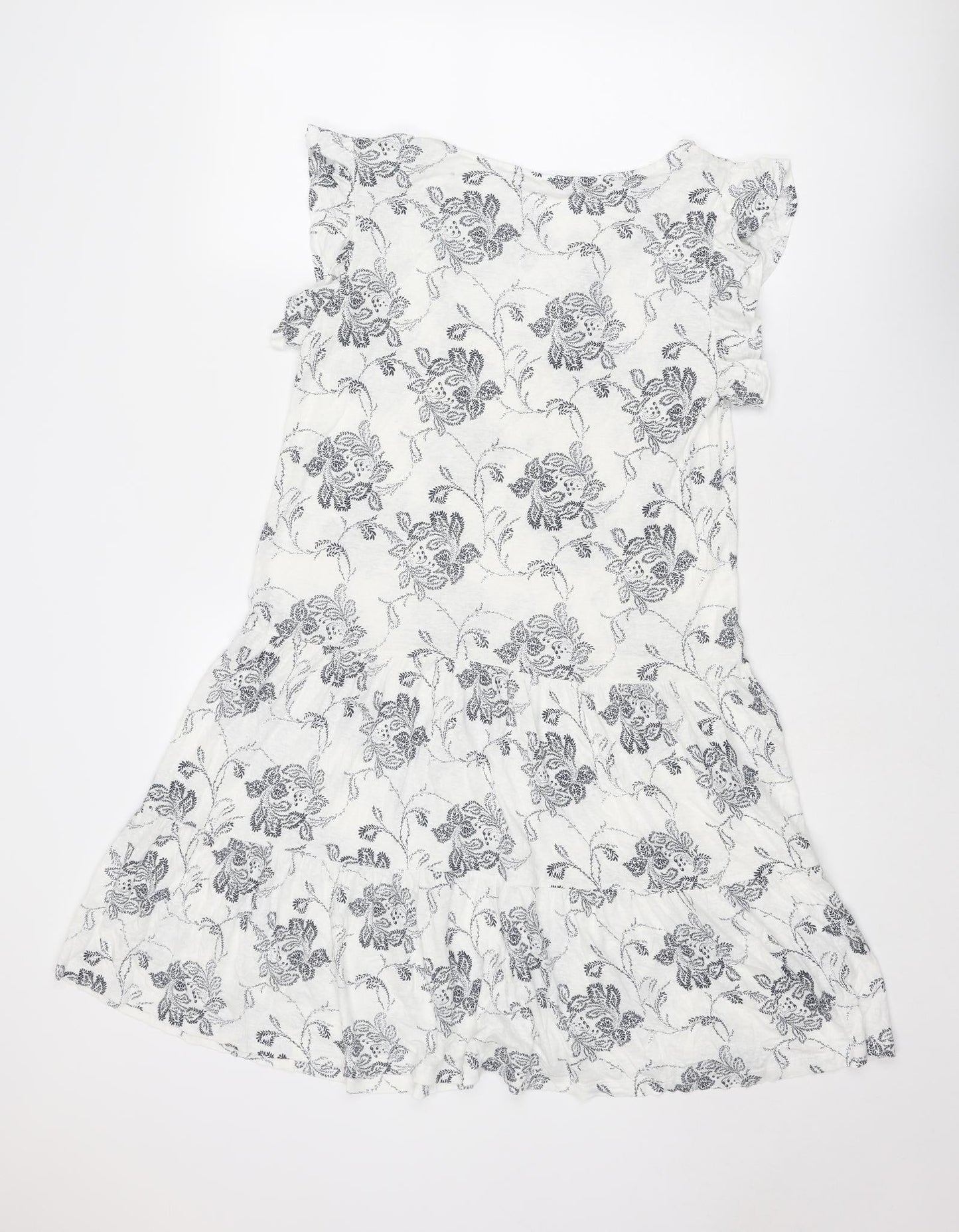 NEXT Womens White Floral Linen Fit & Flare Size 10 V-Neck Pullover