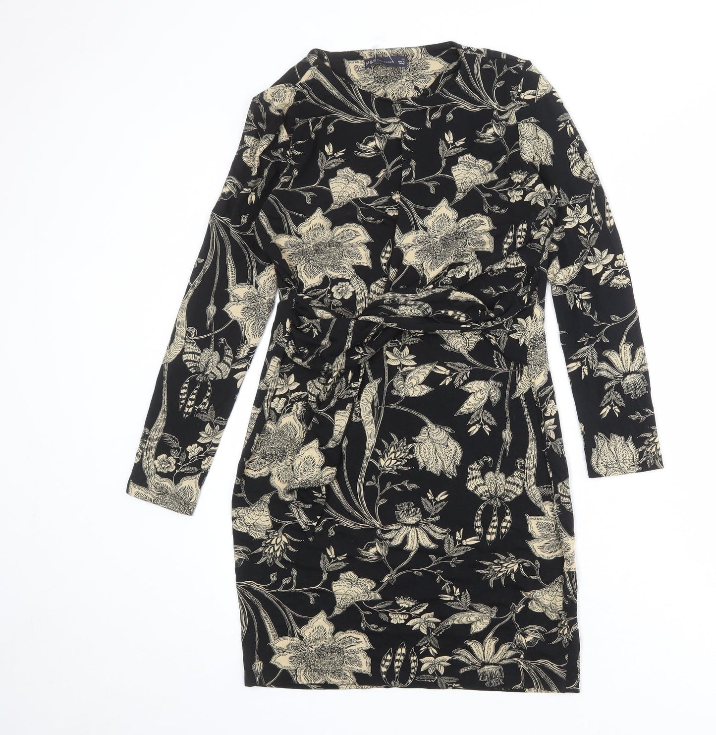 Marks and Spencer Womens Black Floral Viscose Sheath Size 10 Round Neck Pullover