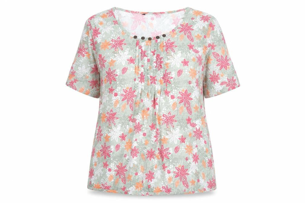 Bonmarché Womens Green Floral Polyester Basic Blouse Size 14 Round Neck