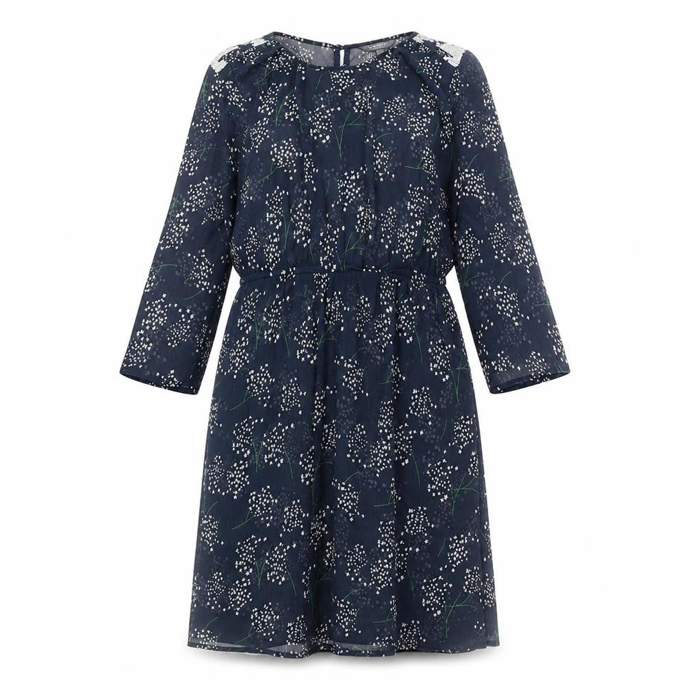 Limited Collection Womens Blue Floral Polyester A-Line Size 10 Round Neck Button