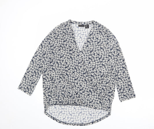 Tahari Womens Blue Floral Polyester Basic Blouse Size S V-Neck