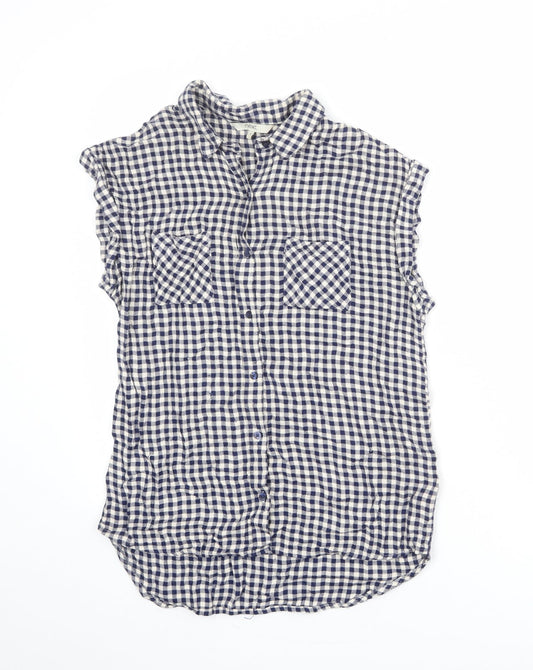 NEXT Womens Blue Check Viscose Basic Button-Up Size 8 Collared