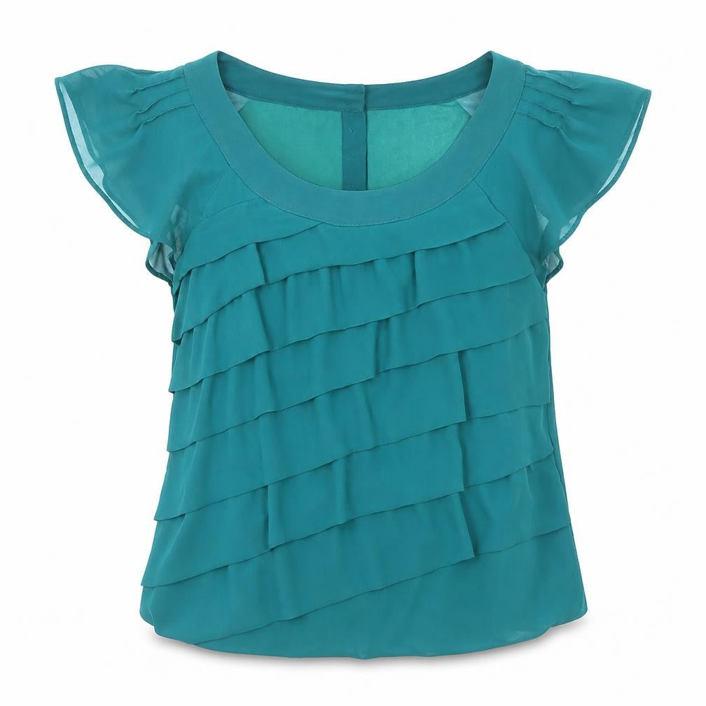 Marks and Spencer Womens Green Polyester Basic Blouse Size 8 Boat Neck - Ruffle Sleeve