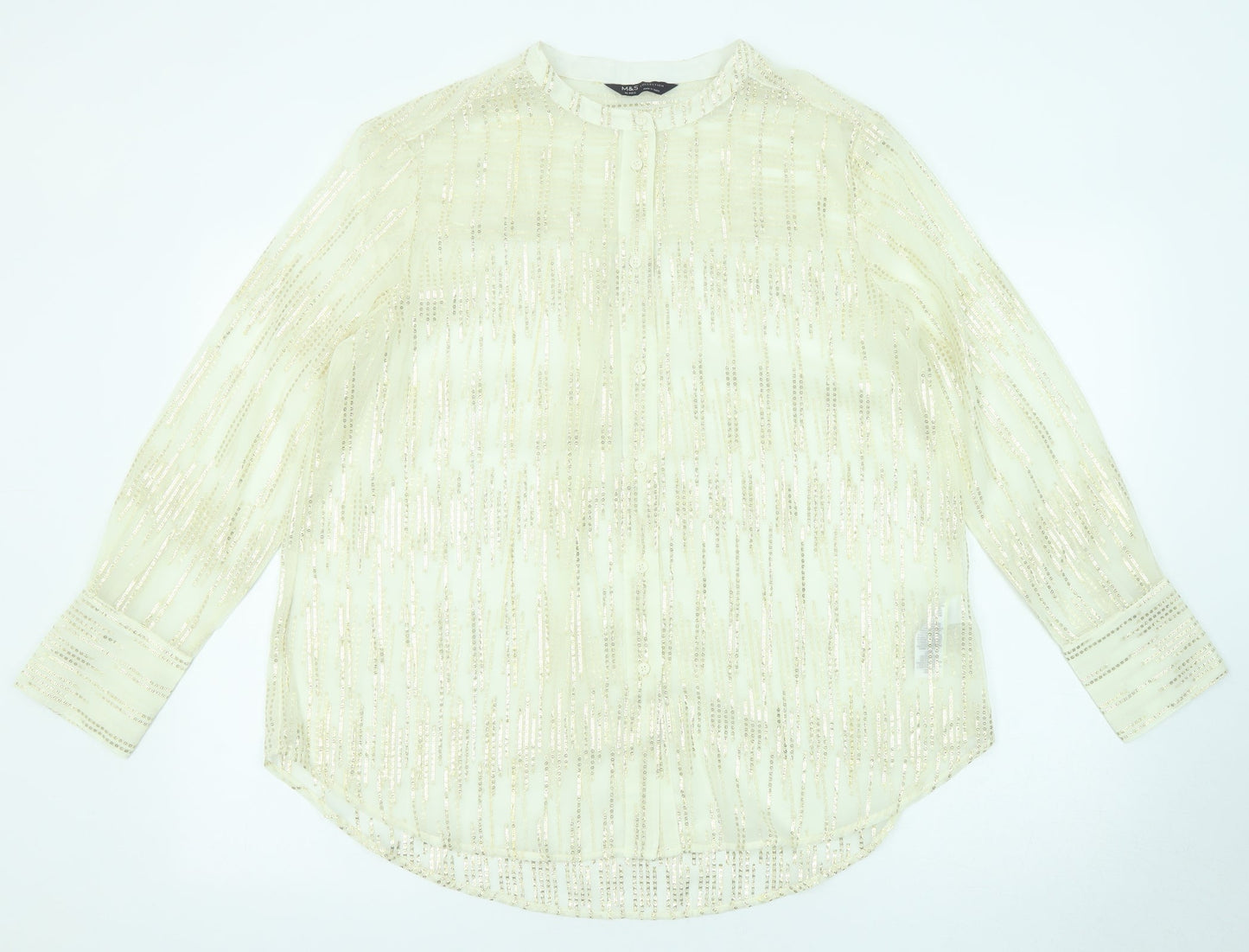 Marks and Spencer Womens Beige Geometric Polyester Basic Button-Up Size 10 Round Neck