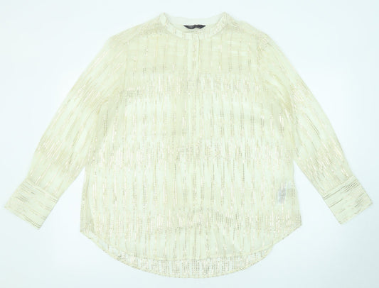 Marks and Spencer Womens Beige Geometric Polyester Basic Button-Up Size 10 Round Neck