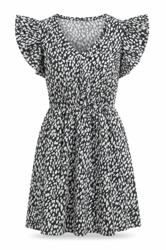 Marks and Spencer Womens Black Animal Print Linen Fit & Flare Size 6 V-Neck Pullover - Ruffle Sleeve