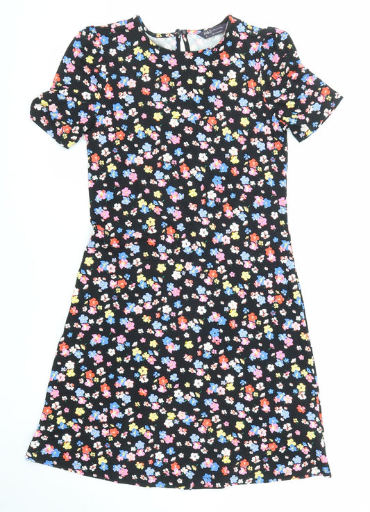 Marks and Spencer Womens Black Floral Viscose Shift Size 6 Round Neck Button