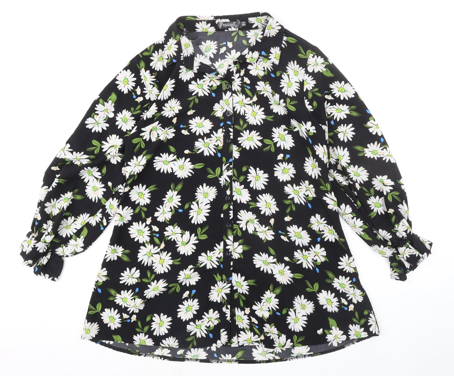 Missguided Womens Black Floral Polyester Basic Button-Up Size 14 Collared