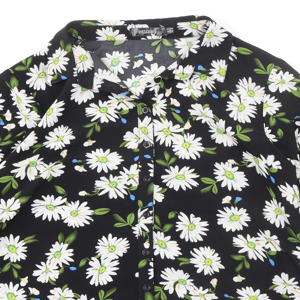 Missguided Womens Black Floral Polyester Basic Button-Up Size 14 Collared