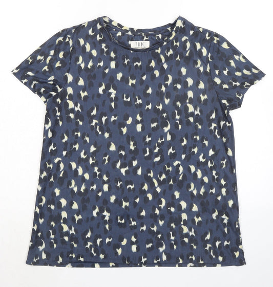 nine Womens Blue Animal Print Polyester Basic T-Shirt Size 12 Crew Neck - Leopard Print