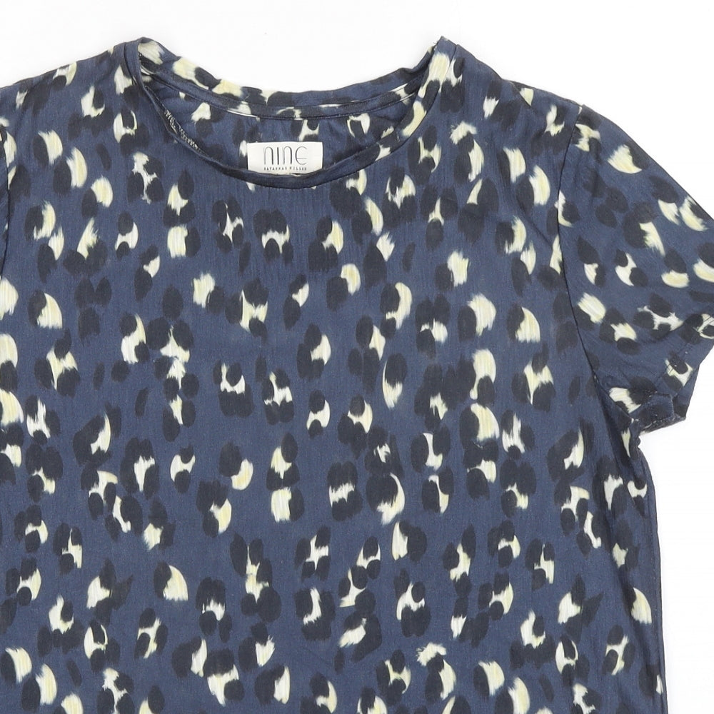 nine Womens Blue Animal Print Polyester Basic T-Shirt Size 12 Crew Neck - Leopard Print