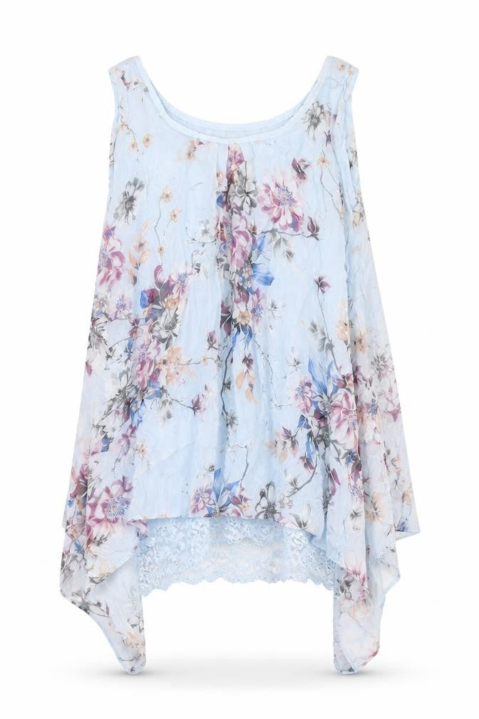 Giusy Womens Blue Floral Polyester Basic Tank Size M Boat Neck - Asymmetric