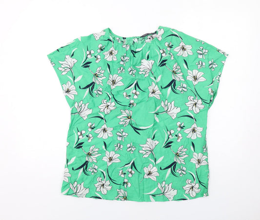 Marks and Spencer Womens Green Floral Viscose Basic Blouse Size 10 Round Neck