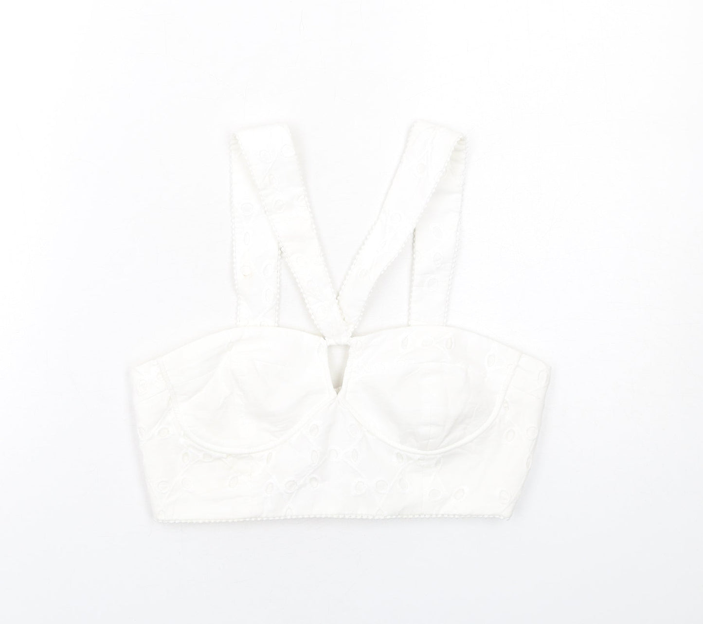 Zara Womens White Cotton Cropped Tank Size M V-Neck - Broderie Anglaise