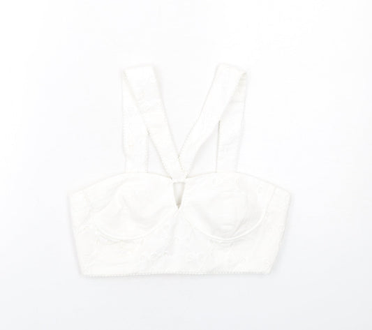 Zara Womens White Cotton Cropped Tank Size M V-Neck - Broderie Anglaise